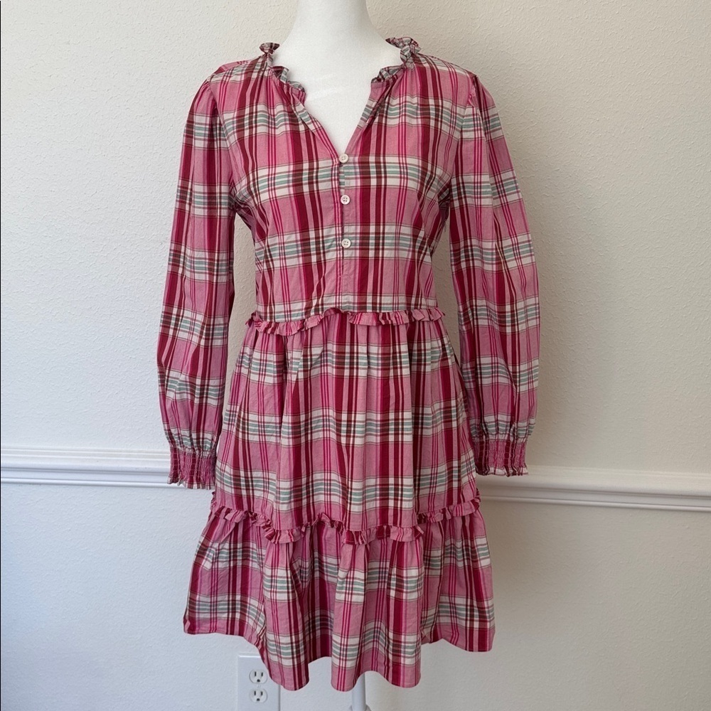 J. Crew Pink Plaid Mini Long Sleeve Drews w Ruffle Trim